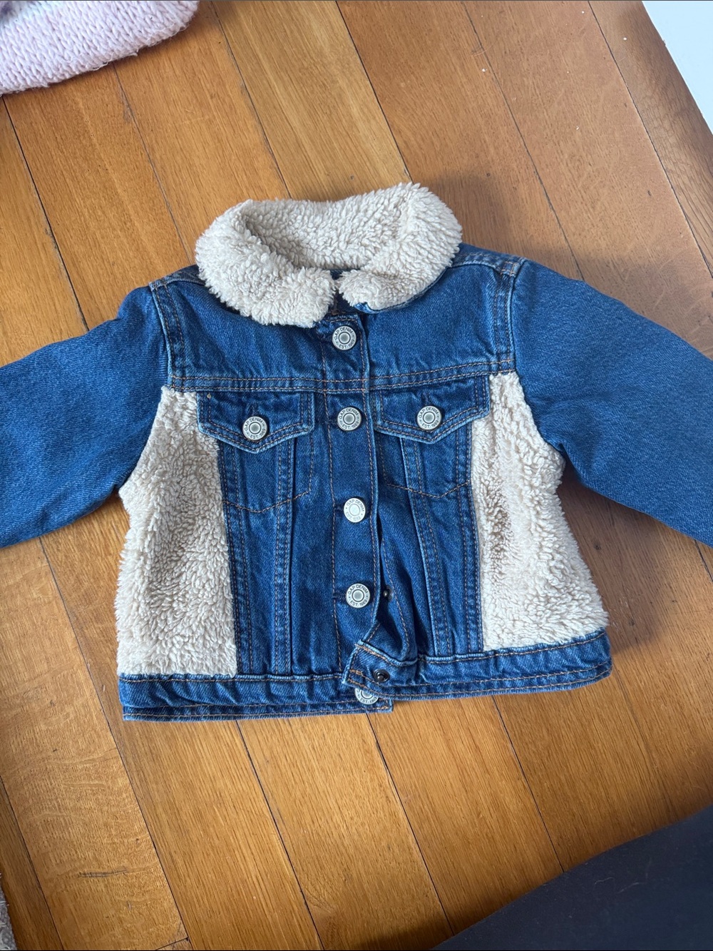 Gap Kids Denim Sherpa Jacket - Cream Collar & Panels with heart - 2T